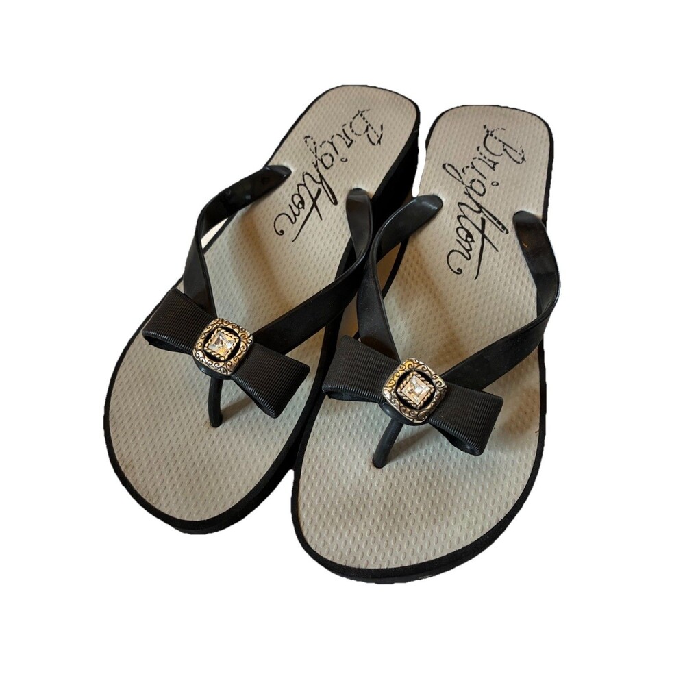 Brighton Bowie Wedge Flip Flops Womens Sz 10 Black Bow Rhinestones Sandals Bling